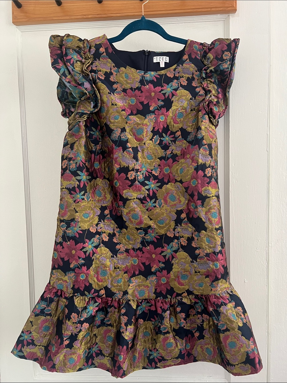 TCEC Navy Floral Jacquard Mini Dress with Gold and Magenta Floral Accents